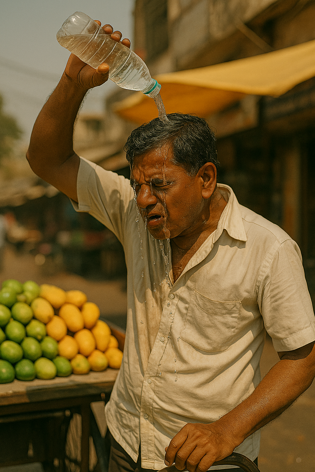Street vendor pouring water on his head