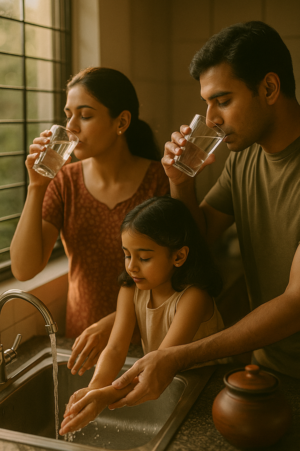 Indian family drinking water and washing hands