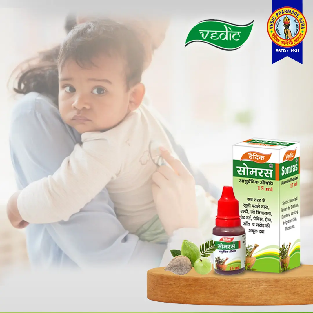 Bottle of Vedic Somras with Ayurvedic ingredients
